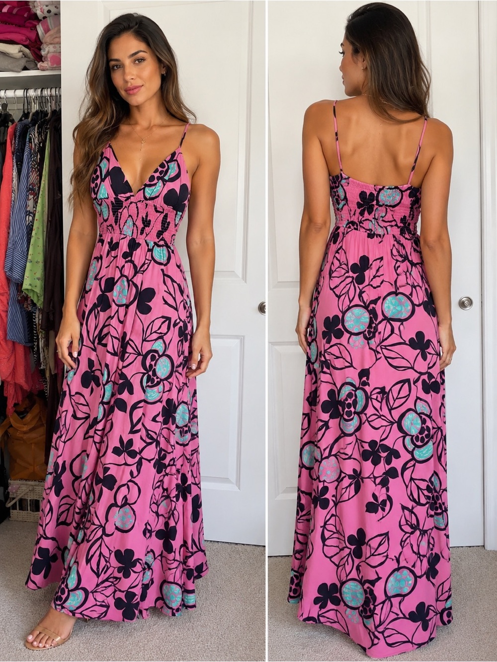 Zara Pink Floral Maxi Dress with Black & Teal Accents - Picture 2 of 4